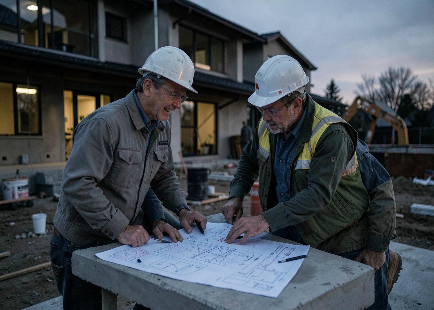 Equipa de construção a acompanhar a execução de uma obra