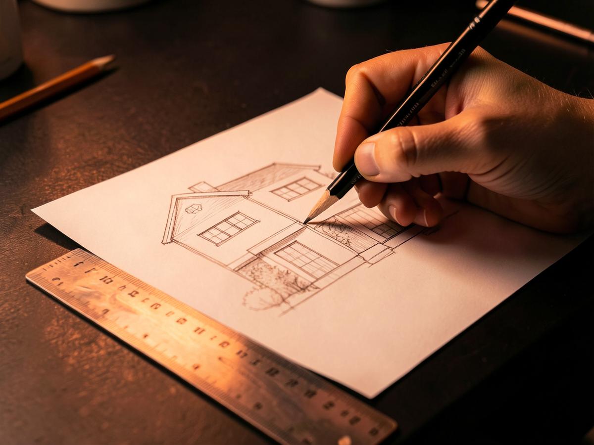 Esboço de arquitetura de uma moradia desenhado à mão sobre uma mesa