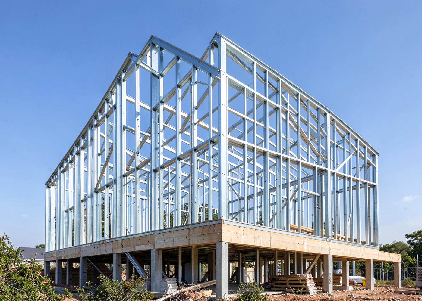 Estrutura leve de aço galvanizado de uma moradia em construção