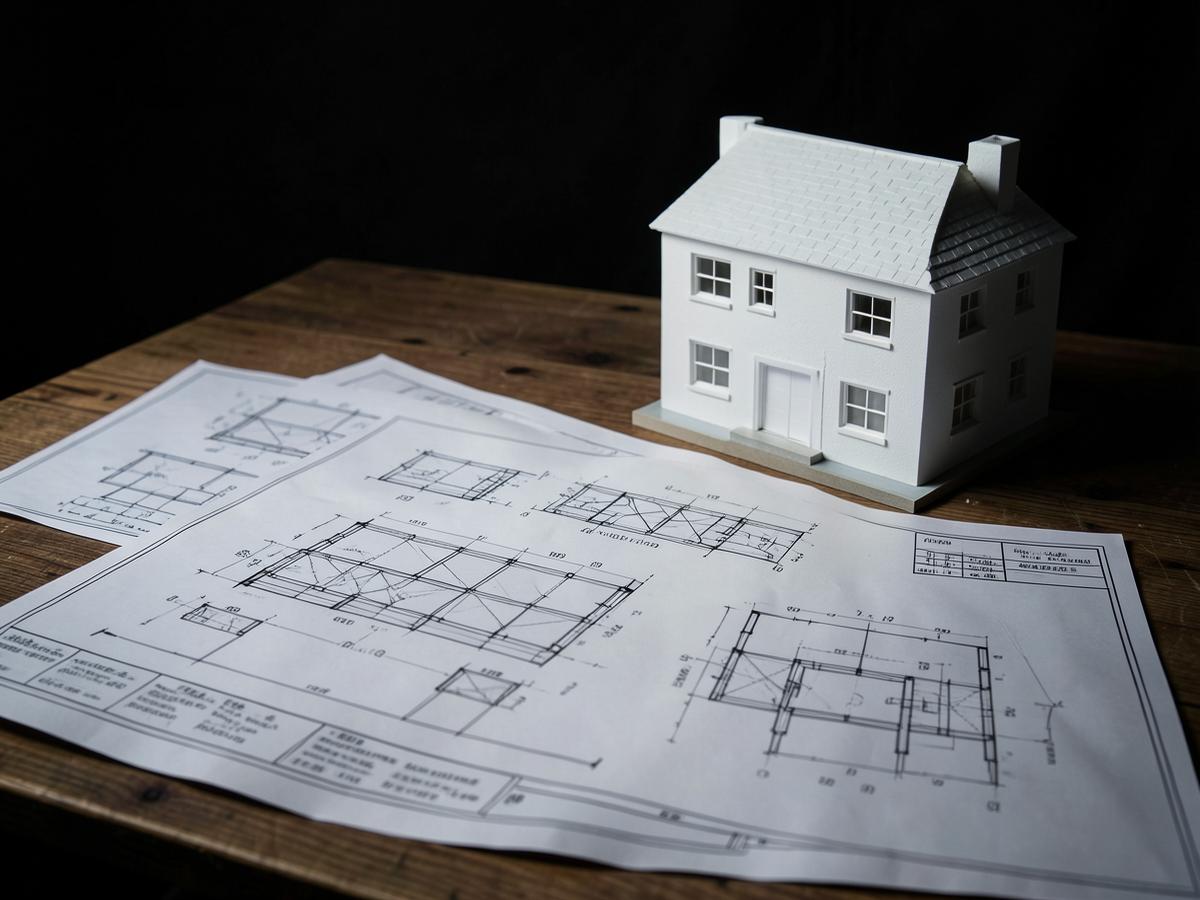 Desenhos técnicos de arquitetura e maquete de uma casa sobre uma mesa