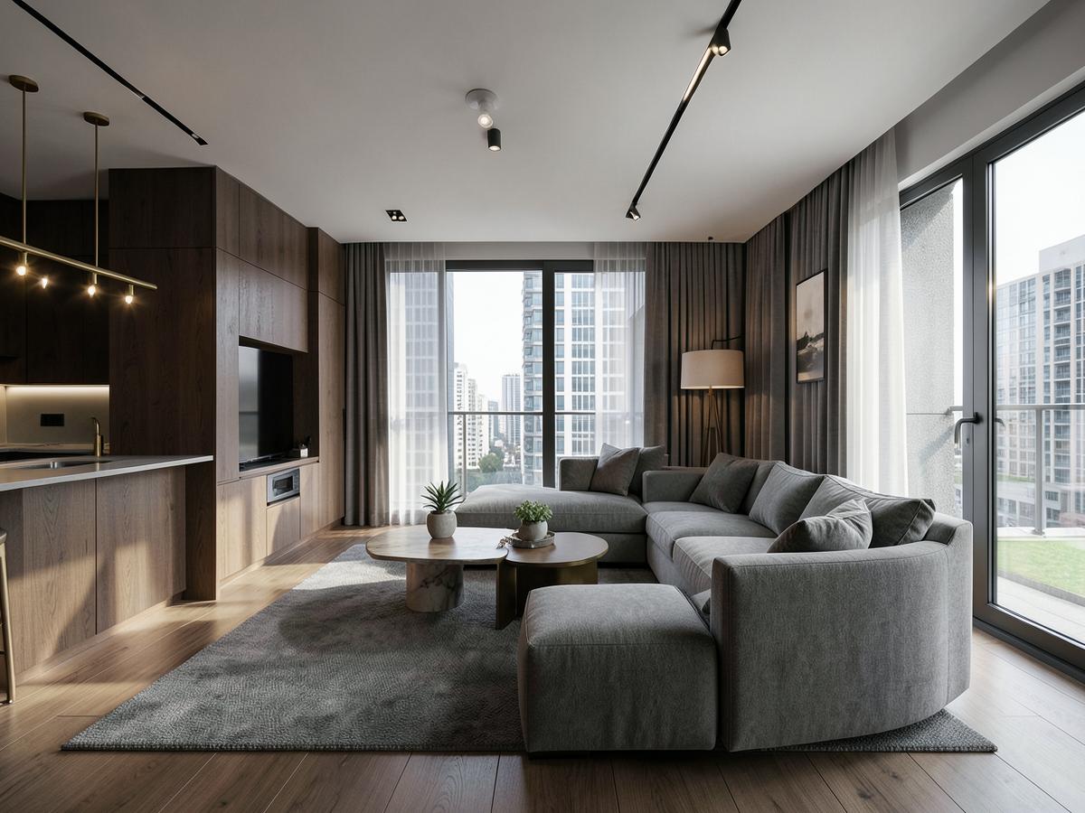 Sala de apartamento remodelado com interiores contemporâneos